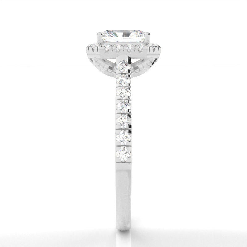 halo radiant lab-grown diamond engagement ring pavé band setting