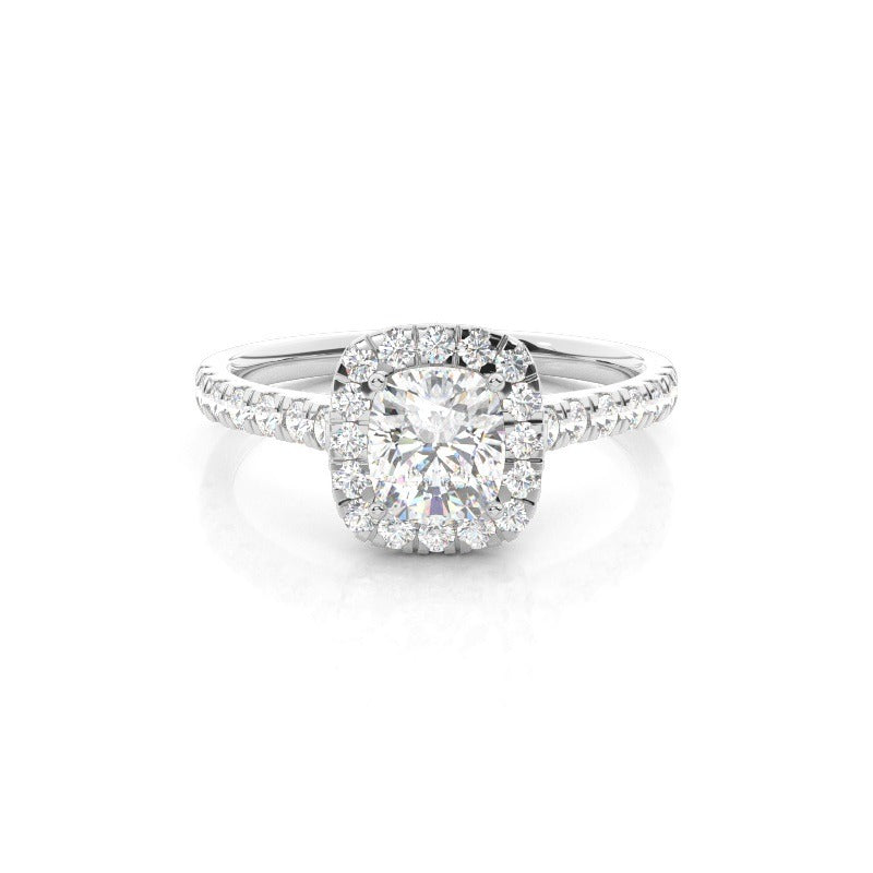 halo setting cushion diamond engagement ring with pavé band