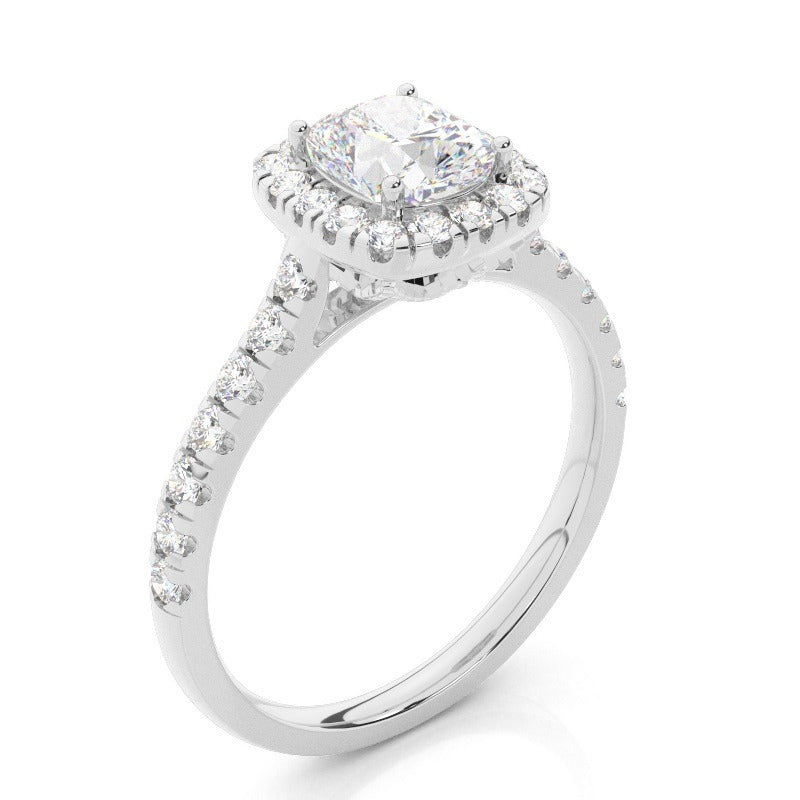 halo setting cushion diamond engagement ring with pavé band