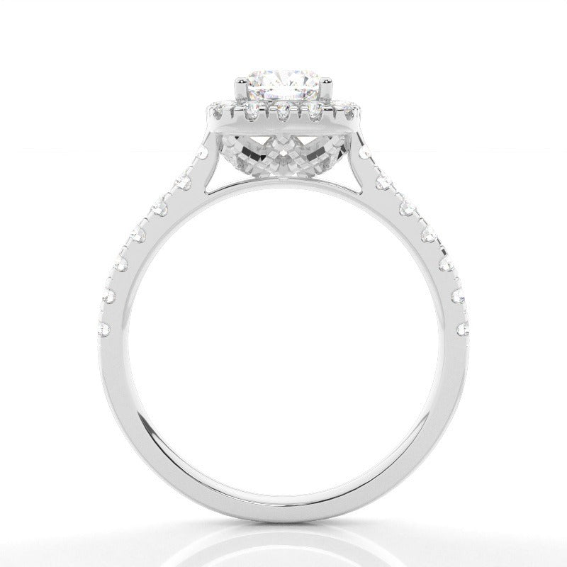 halo setting cushion diamond engagement ring with pavé band