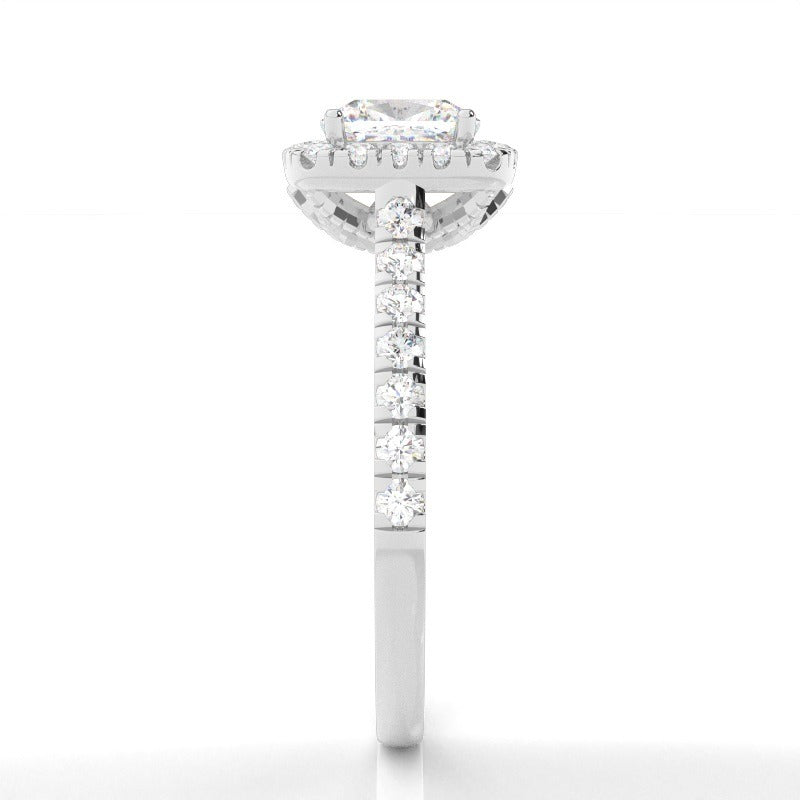 halo setting cushion diamond engagement ring with pavé band