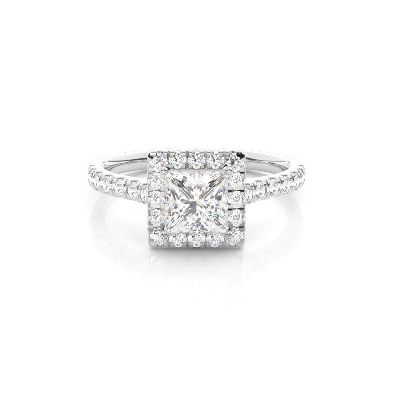 halo princess diamond engagement ring with pavé band setting