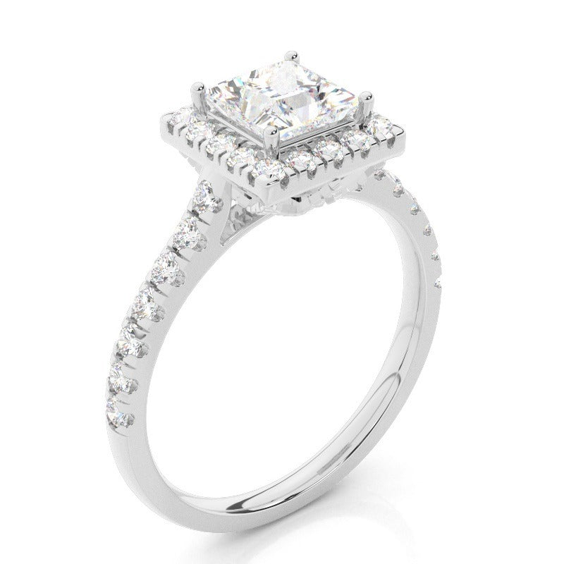 halo princess diamond engagement ring with pavé band setting