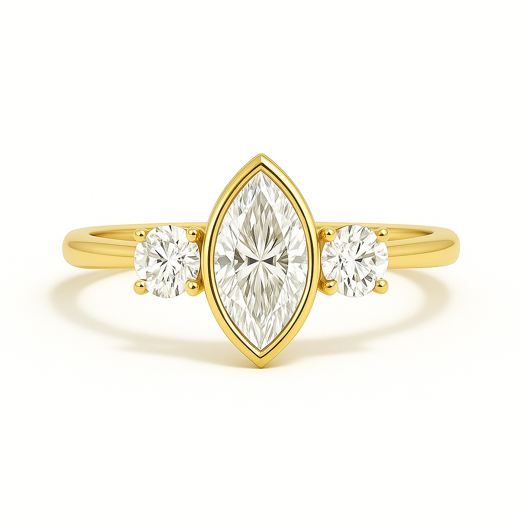 Astrid - Modern Marquise Bezel Center Framed By Round Brilliant Side Stones AG & CO Jewellery