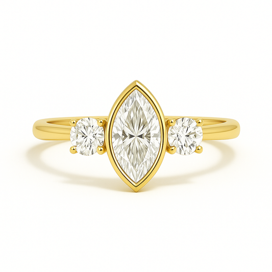 Astrid - Modern Marquise Bezel Center Framed By Round Brilliant Side Stones AG & CO Jewellery