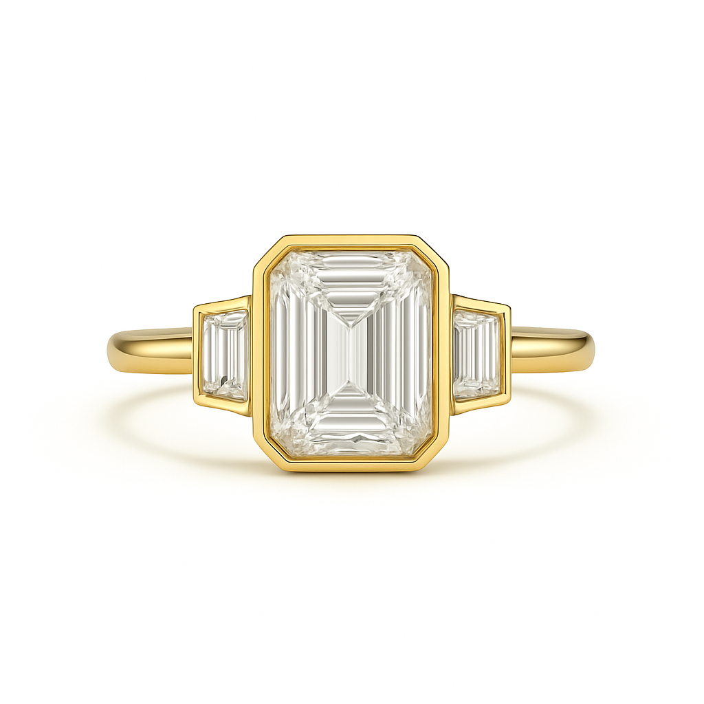 Emilia - Bezel set Ring with Baguette side stones AG & CO Jewellery