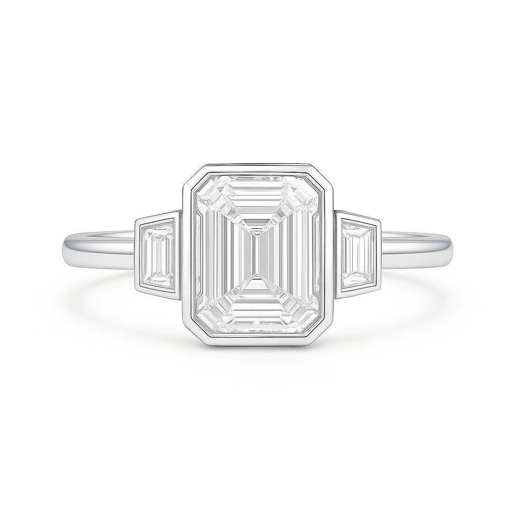 Emilia - Bezel set Ring with Baguette side stones AG & CO Jewellery