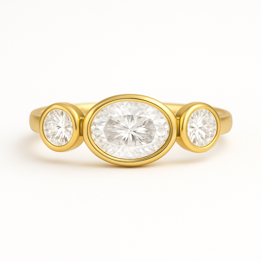 Selene - Bezel Trilogy Oval Engagement Ring with Round Bezel Set Side Stones AG & CO Jewellery
