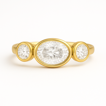 Selene - Bezel Trilogy Oval Engagement Ring with Round Bezel Set Side Stones AG & CO Jewellery