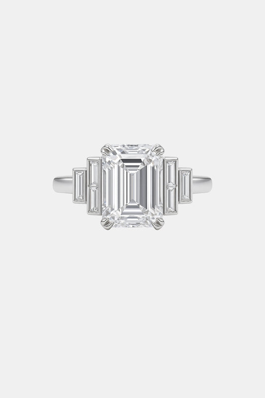 Ashira - 5.50CT Bezel Set 7-Stone Lab Diamond Ring with Emerald Centre Stone & Baguette Side Stones AG & CO Jewellery