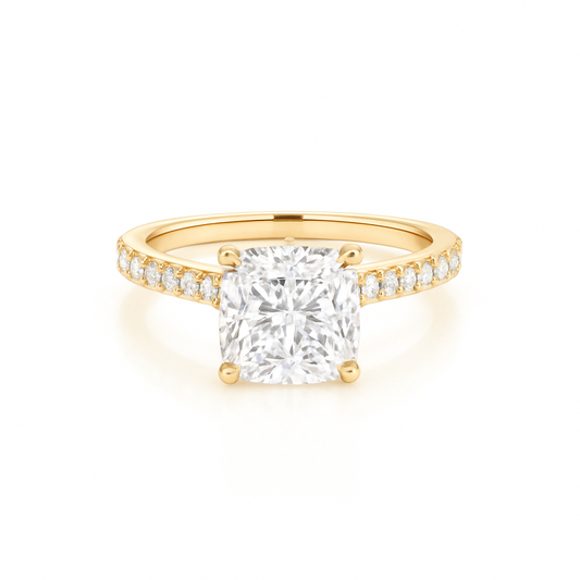 Catherine - 4 Claw Princess Solitaire Engagement Ring with Hidden Halo and Pavé band