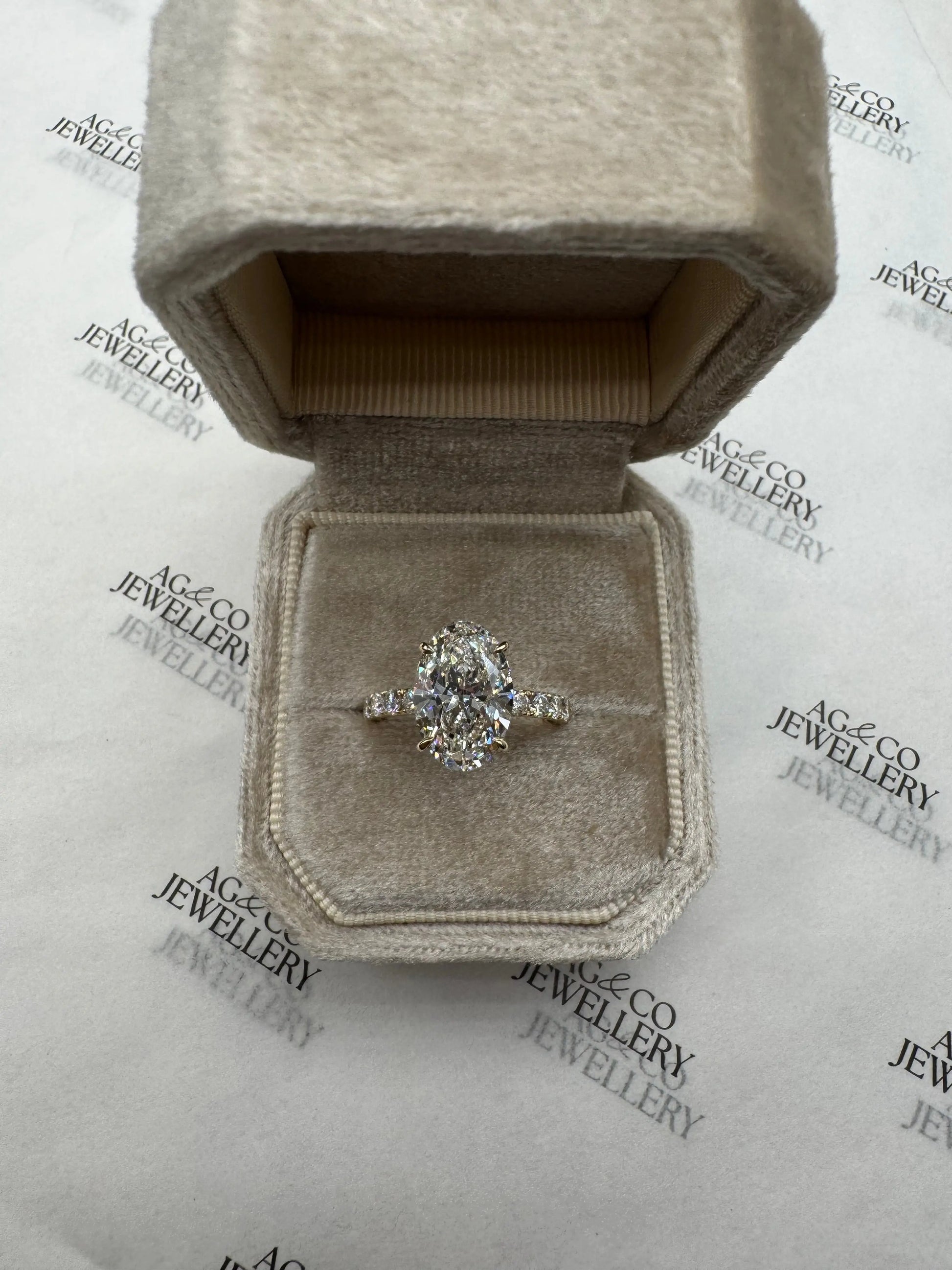 3.51ct Oval Diamond Ring with Pavé Band and Hidden Halo AG & CO Jewellery