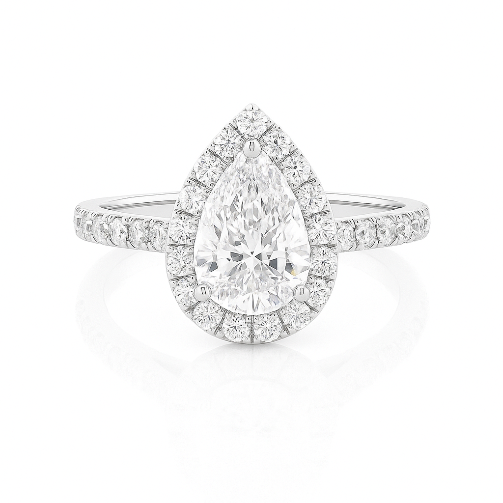 Penelope - Halo Pear Lab-Grown Diamond Engagement Ring with Pavé Band AG & CO Jewellery