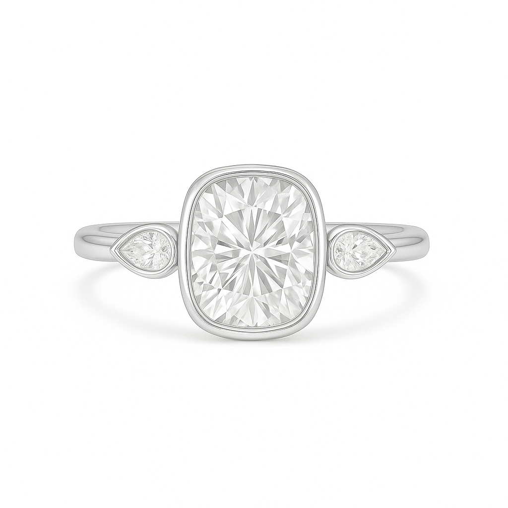 Dorena - Bezel Set Trilogy Cushion with Pear Side Stones AG & CO Jewellery