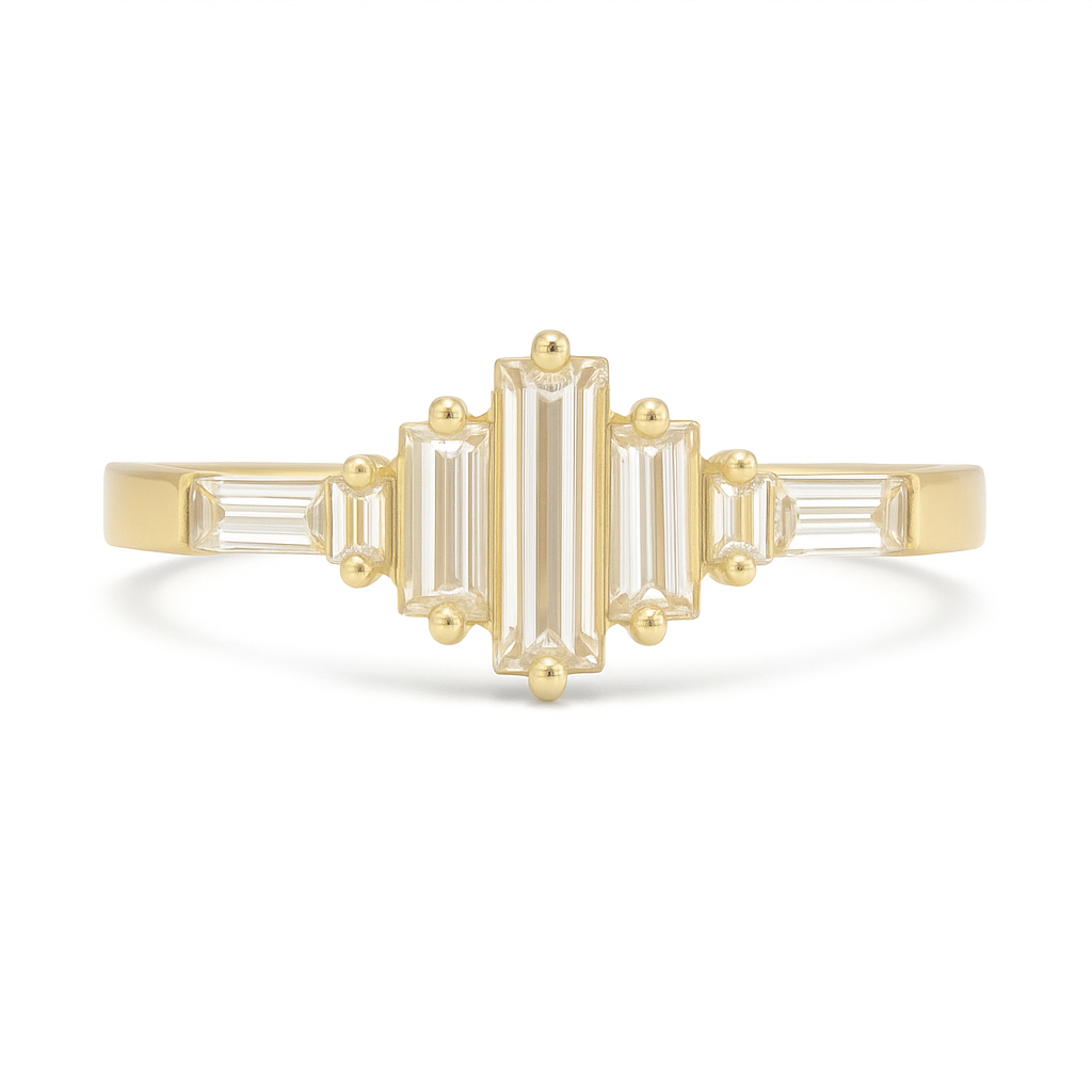 The Deco Beam - Baguette Diamond Engagement Ring In Sculptural Gold AG & CO Jewellery