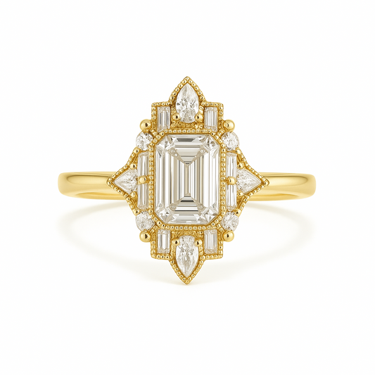 The Empress - Intricately Framed Emerald Cut Diamond Engagement Ring. AG & CO Jewellery