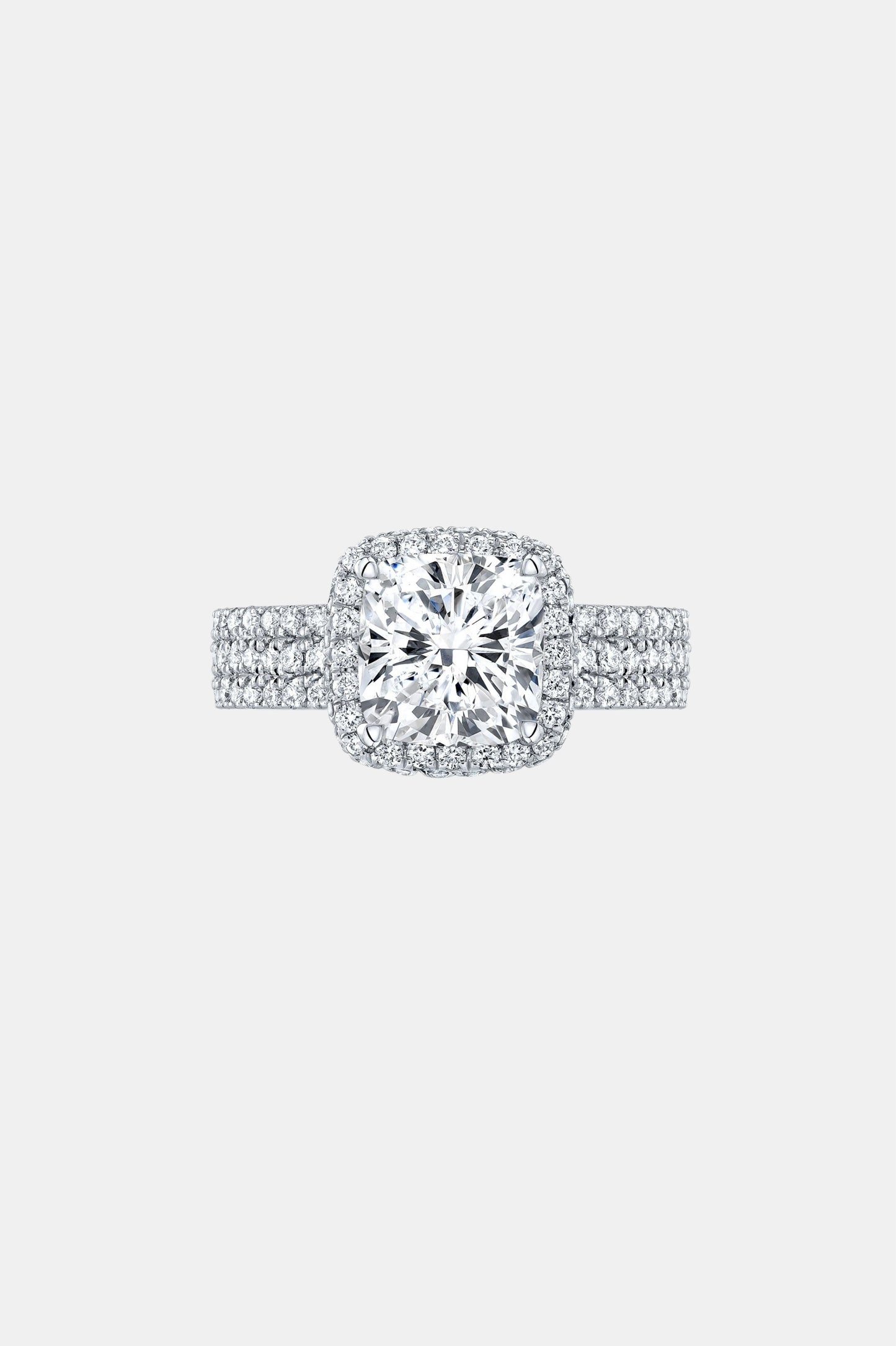 bellaria – cushion halo engagement ring setting with triple pavé band in white gold ag & co jewellery