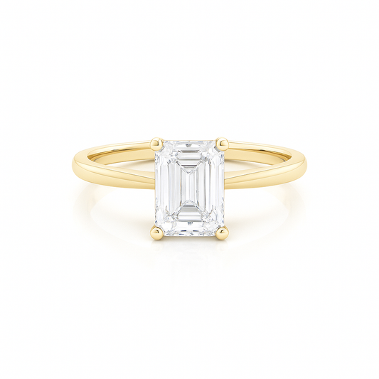 Emerald Cut Moissanite Solitaire Diamond Ring Set in Solid 14K Yellow Gold