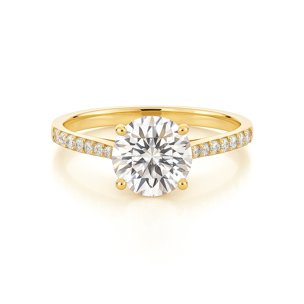 1.00-6.00CT Round Brilliant Lab Grown Round Solitaire Engagement Ring with Hidden Halo & Pave Diamond Band in 14k Solid Yellow Gold AG & CO Jewellery