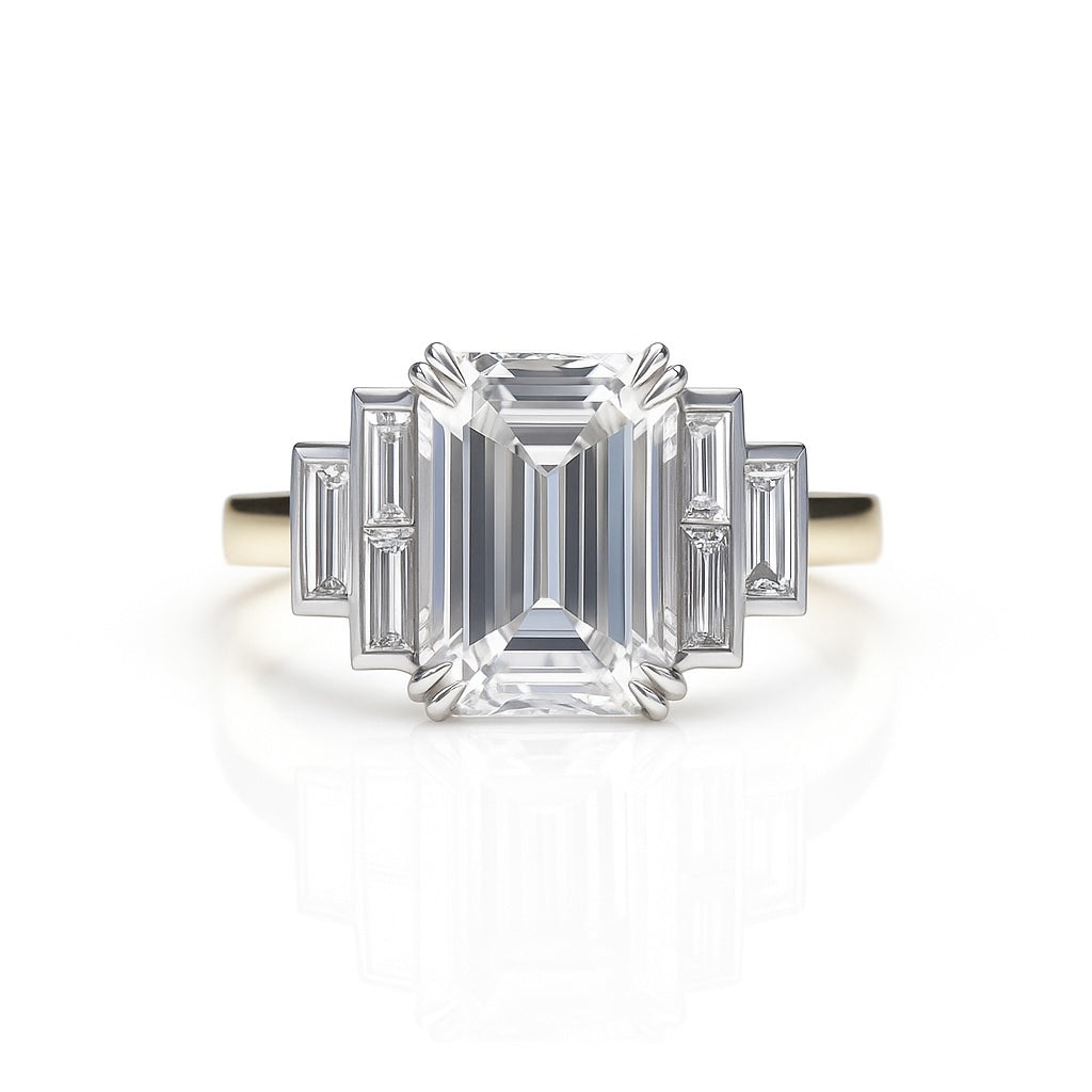 Ashira - 5.50CT Bezel Set 7-Stone Lab Diamond Ring with Emerald Centre Stone & Baguette Side Stones AG & CO Jewellery