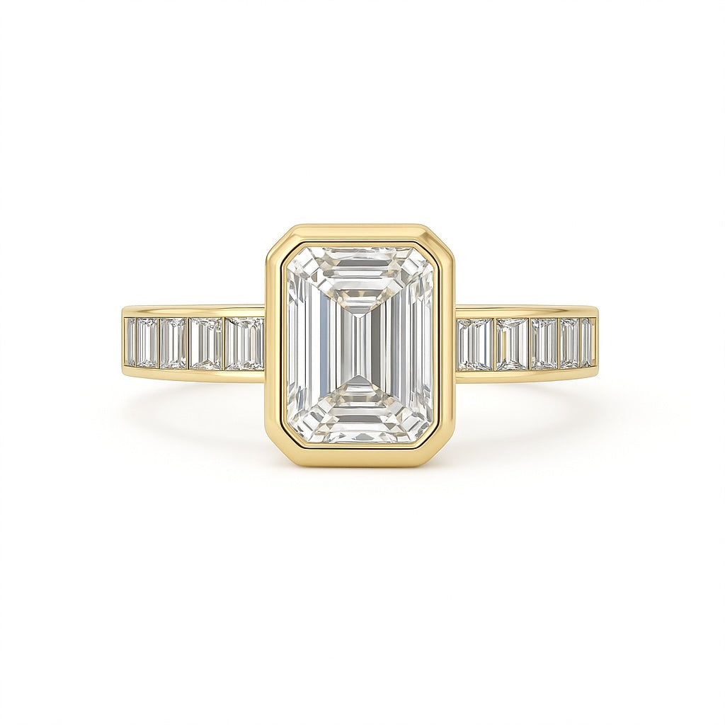 georgia - bezel set emerald with channel set trapped baguettes ag & co jewellery