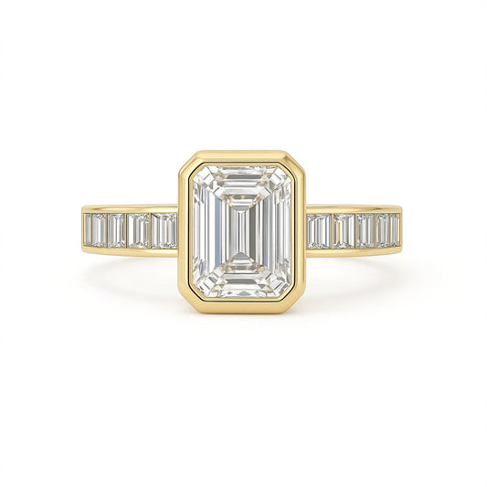 Georgia - Bezel Set Emerald with Channel Set Trapped Baguettes AG & CO Jewellery