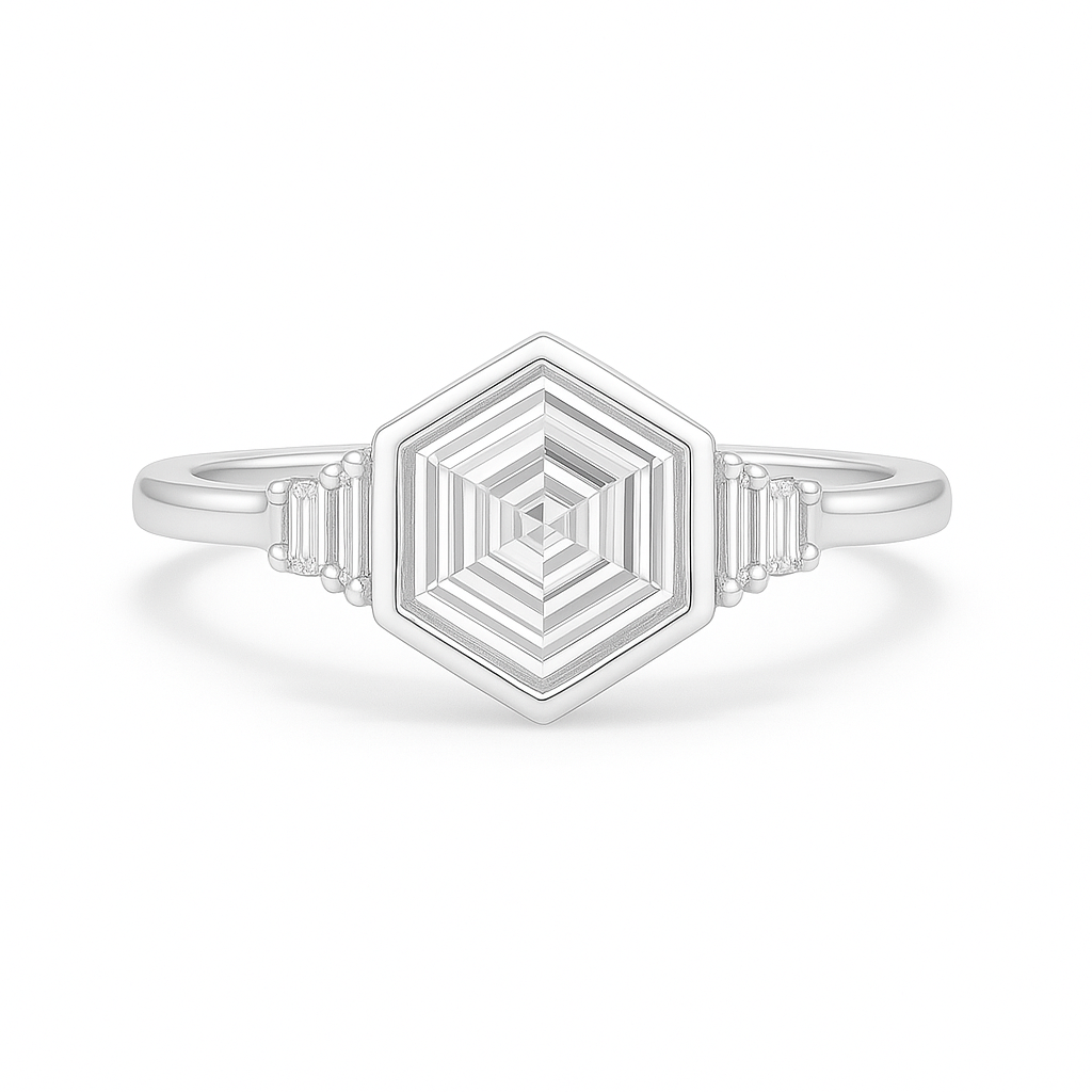 hannah - hexagon bezel ring with baguette side stones ag & co jewellery