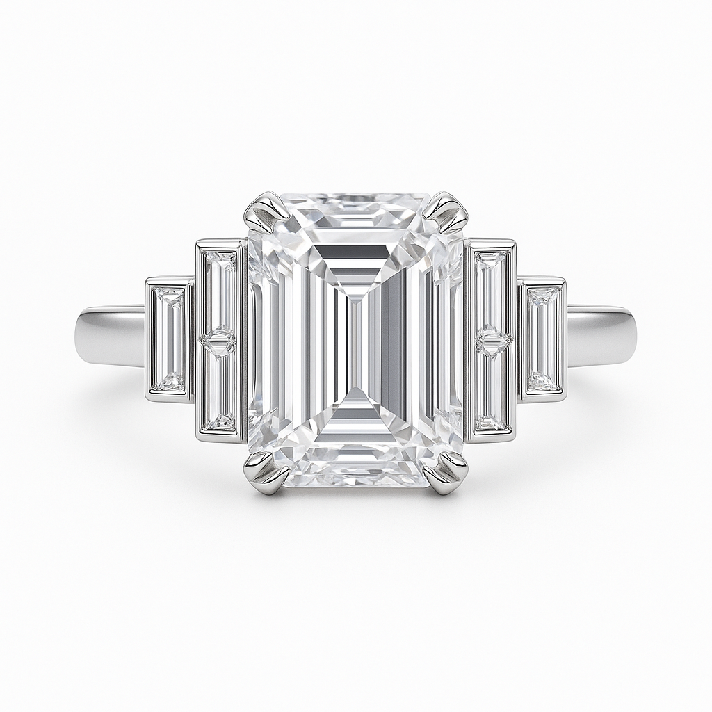Ashira - 5.50CT Bezel Set 7-Stone Lab Diamond Ring with Emerald Centre Stone & Baguette Side Stones AG & CO Jewellery
