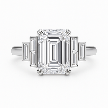 Ashira - 5.50CT Bezel Set 7-Stone Lab Diamond Ring with Emerald Centre Stone & Baguette Side Stones AG & CO Jewellery