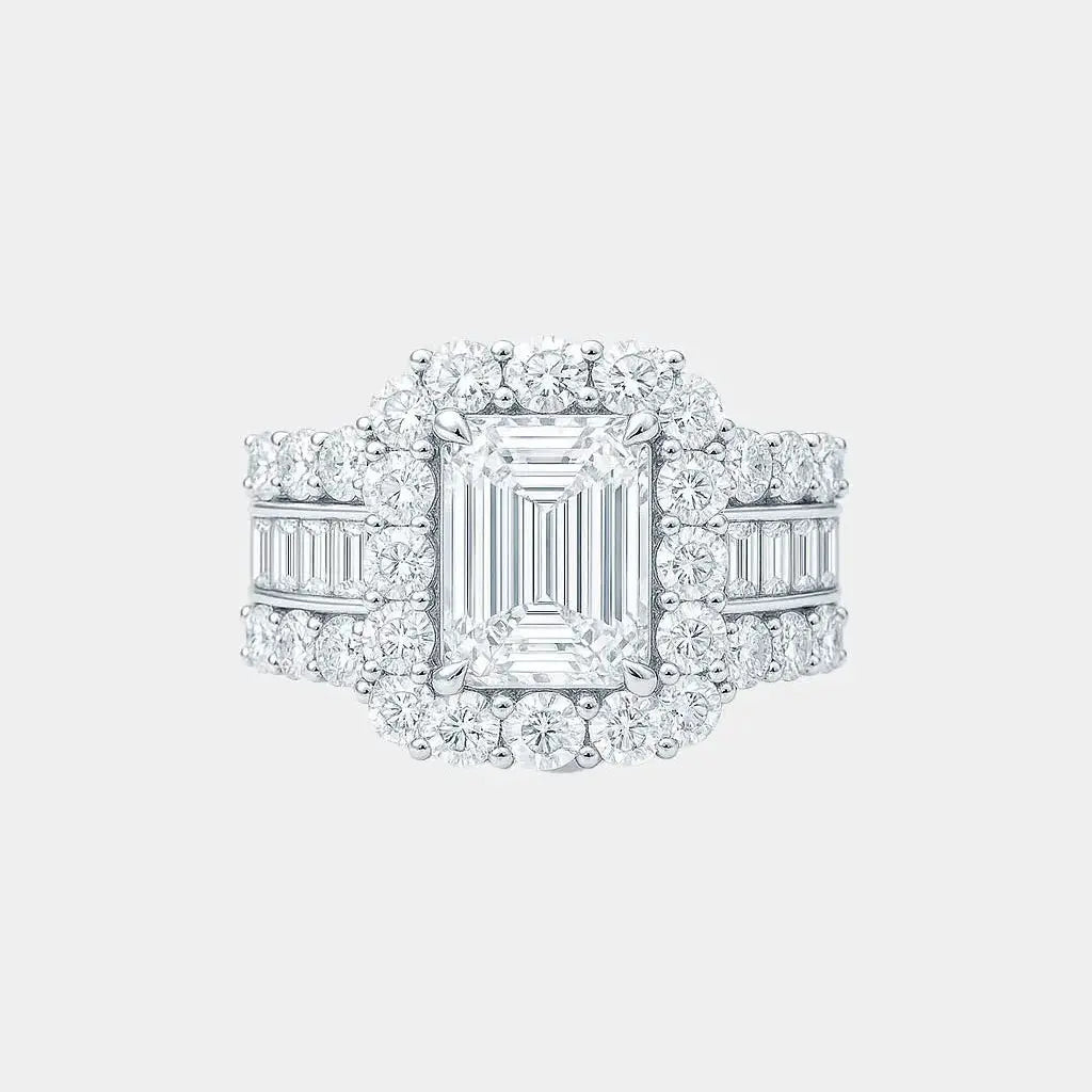 astoria – emerald cut halo engagement ring setting with diamond baguette band ag & co jewellery