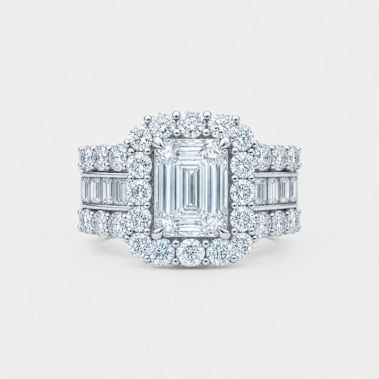 astoria – emerald cut halo engagement ring setting with diamond baguette band ag & co jewellery