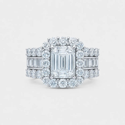 ASTORIA – Emerald Cut Halo Engagement Ring Setting with Diamond Baguette Band AG & CO Jewellery