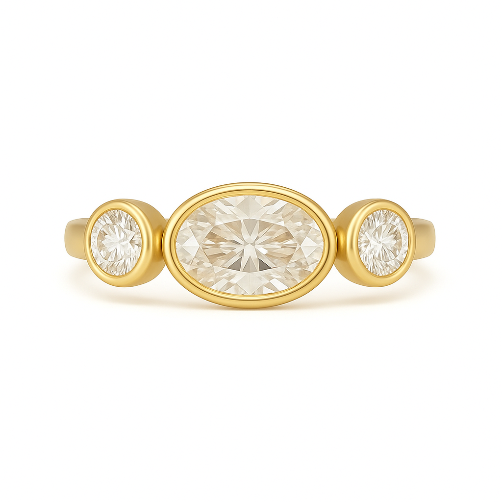 Selene - Bezel Trilogy Oval Engagement Ring with Round Bezel Set Side Stones AG & CO Jewellery