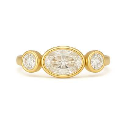 Selene - Bezel Trilogy Oval Engagement Ring with Round Bezel Set Side Stones AG & CO Jewellery