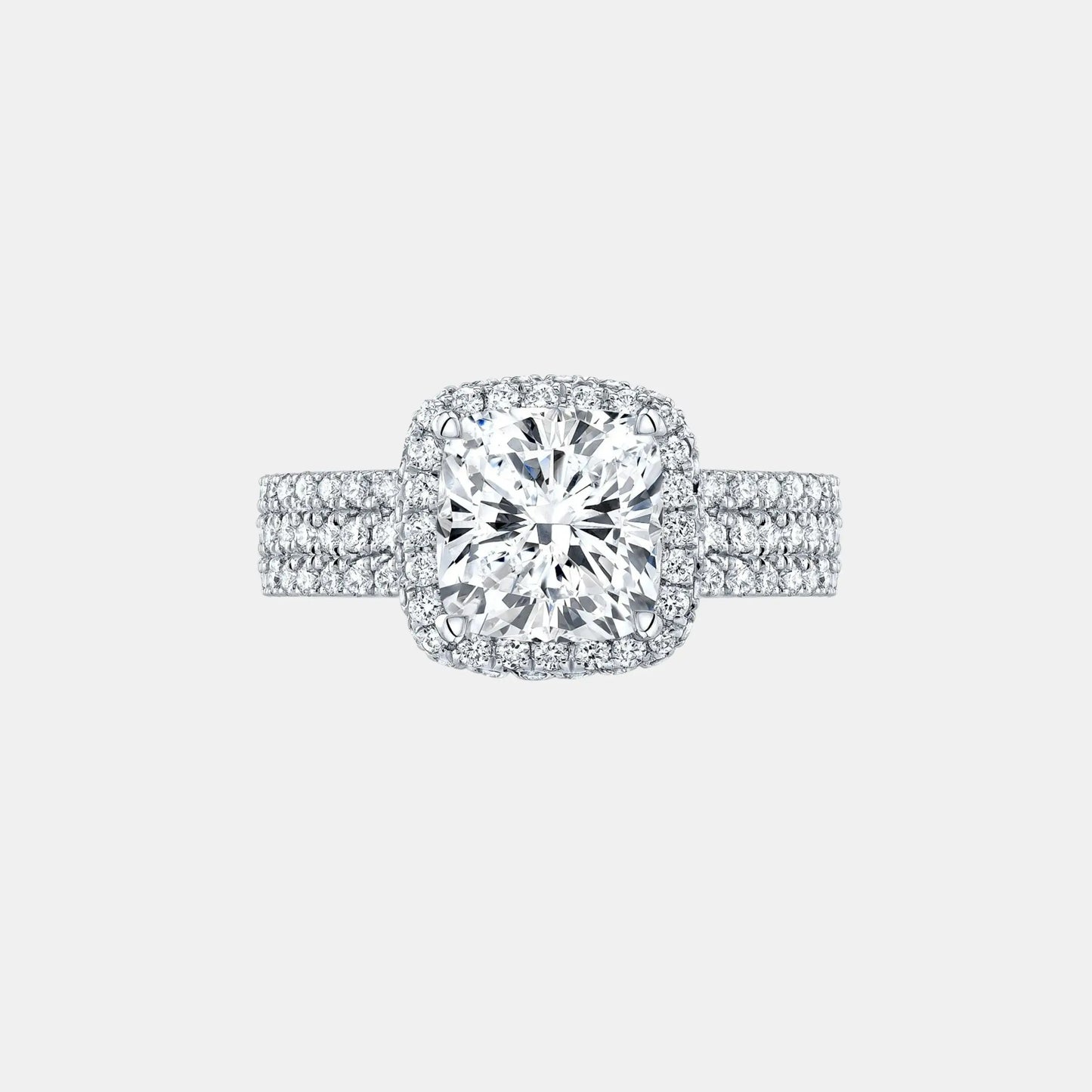 bellaria – cushion halo engagement ring setting with triple pavé band in white gold ag & co jewellery