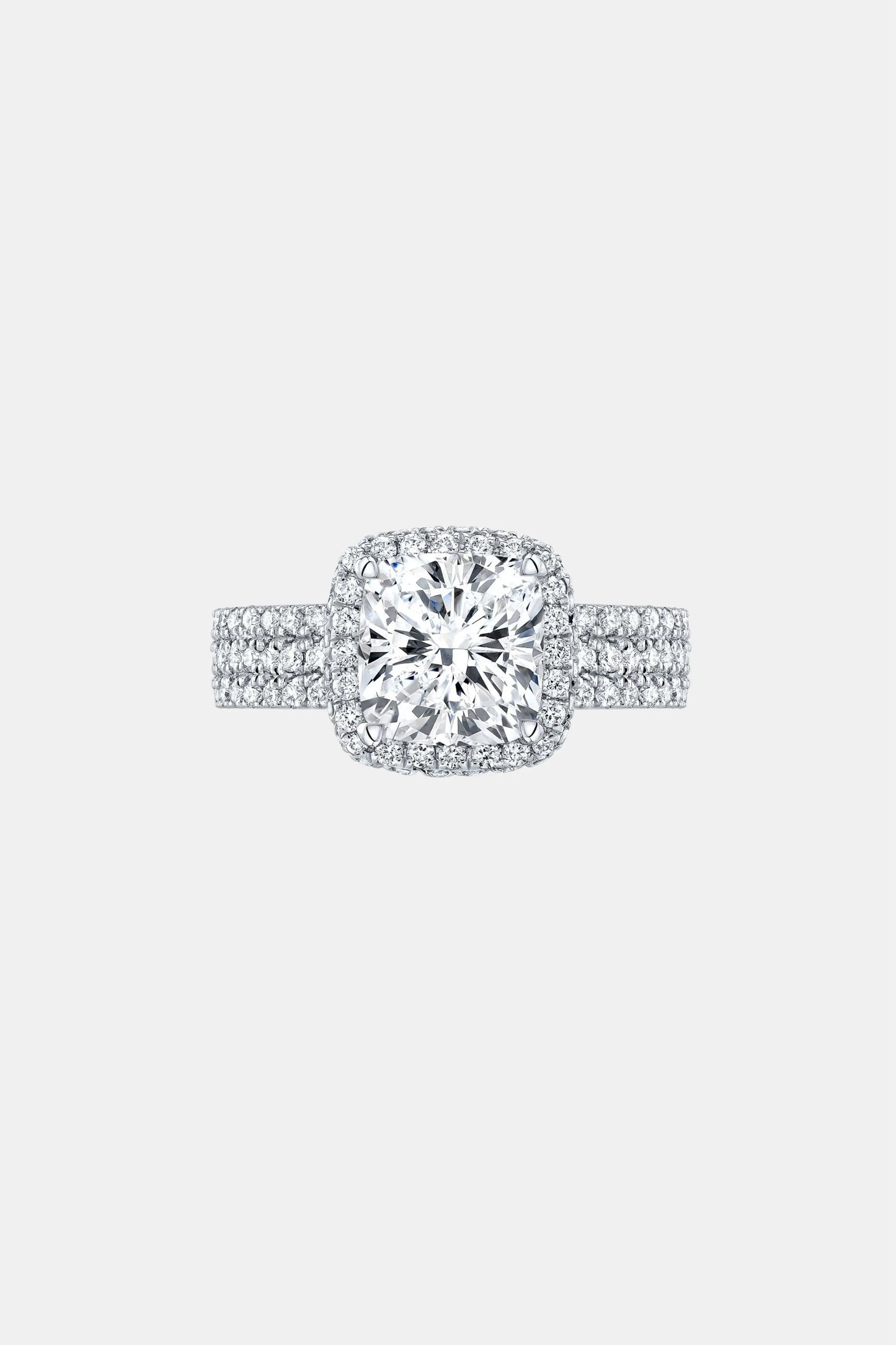 bellaria – cushion halo engagement ring setting with triple pavé band in white gold ag & co jewellery