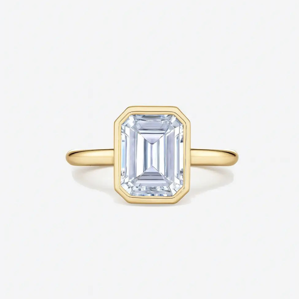 Bezel Emerald Engagement Ring 18K Solid Yellow Gold AG & CO Jewellery