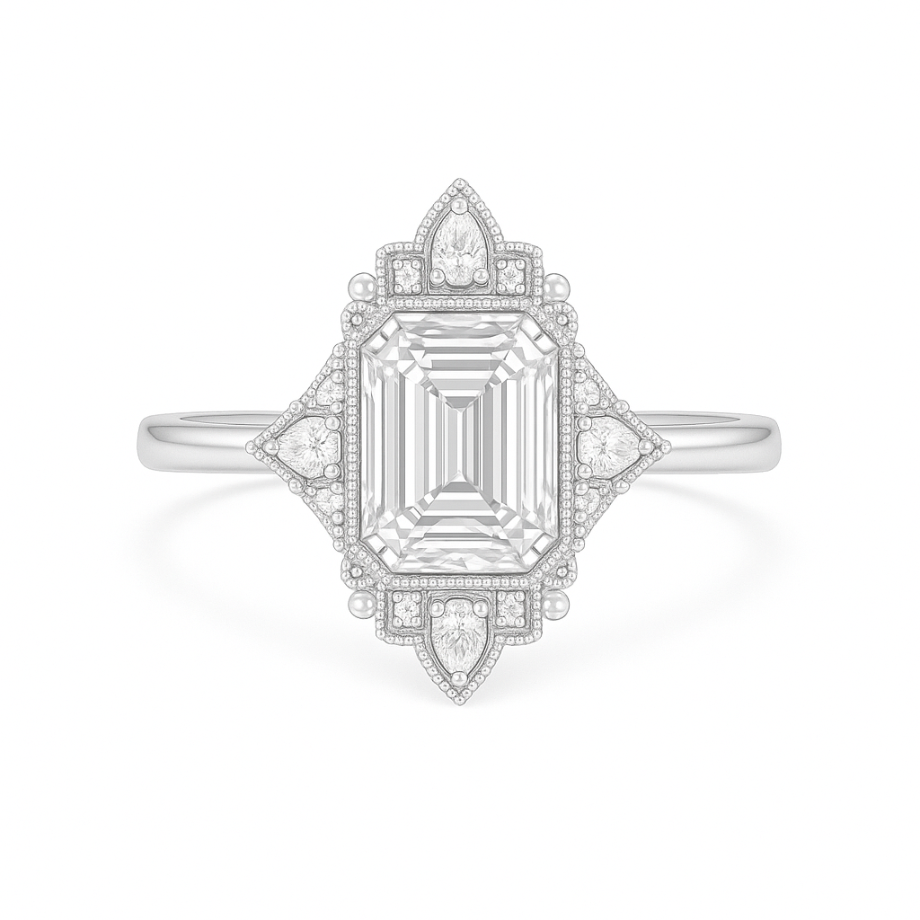 the empress - intricately framed emerald cut diamond engagement ring. ag & co jewellery