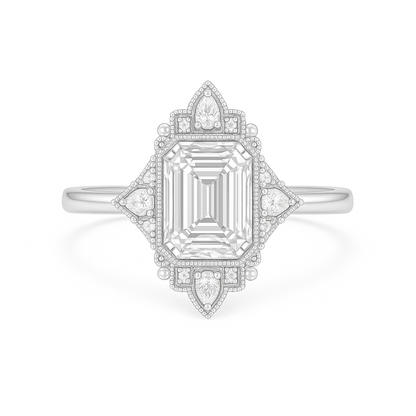The Empress - Intricately Framed Emerald Cut Diamond Engagement Ring. AG & CO Jewellery
