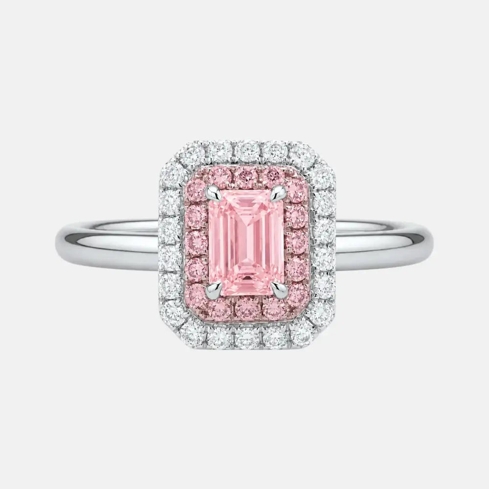 Celeste Pink Emerald Cut Diamond Double Halo Engagement Ring AG & CO Jewellery