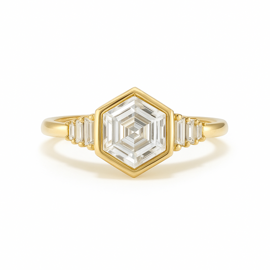 Hannah - Hexagon Bezel Ring with Baguette Side Stones AG & CO Jewellery