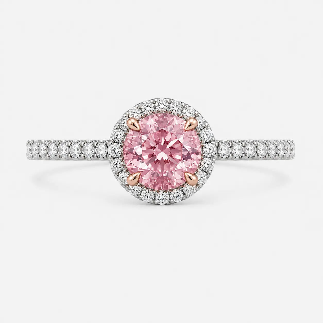 elodie round pink lab-grown diamond halo pavé ring