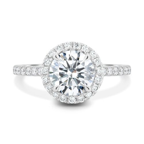 halo round lab-grown diamond engagement ring with pavé band 14k white gold