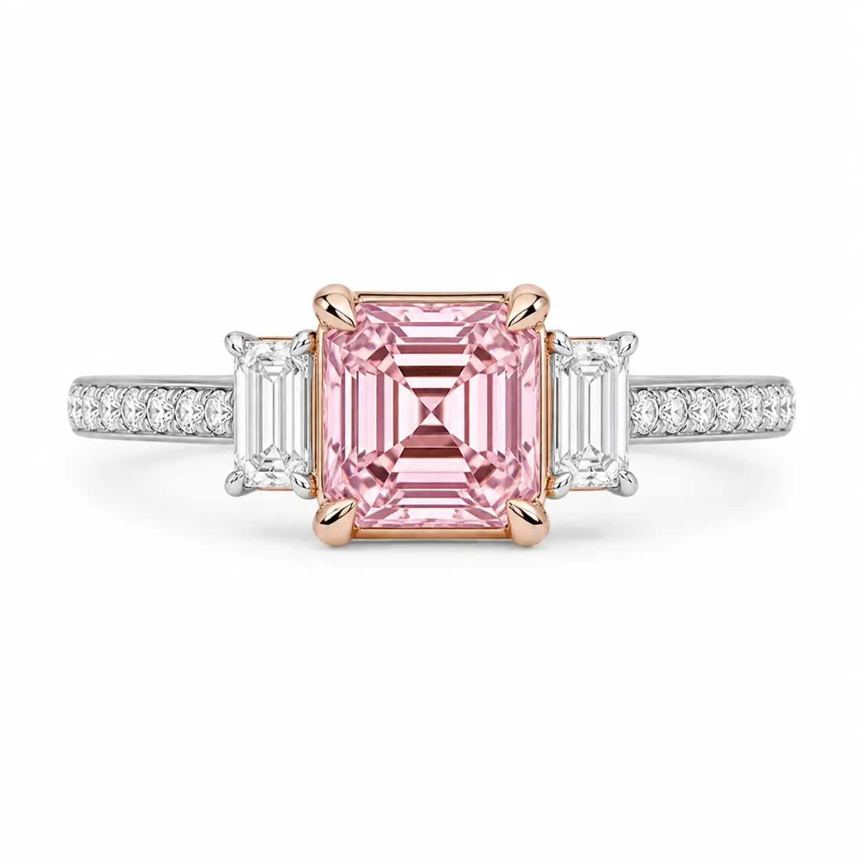 Imperial Pink Asscher Three-Stone Diamond Ring