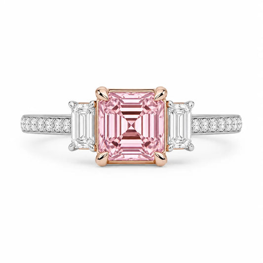 Imperial Pink Asscher Three-Stone Diamond Ring
