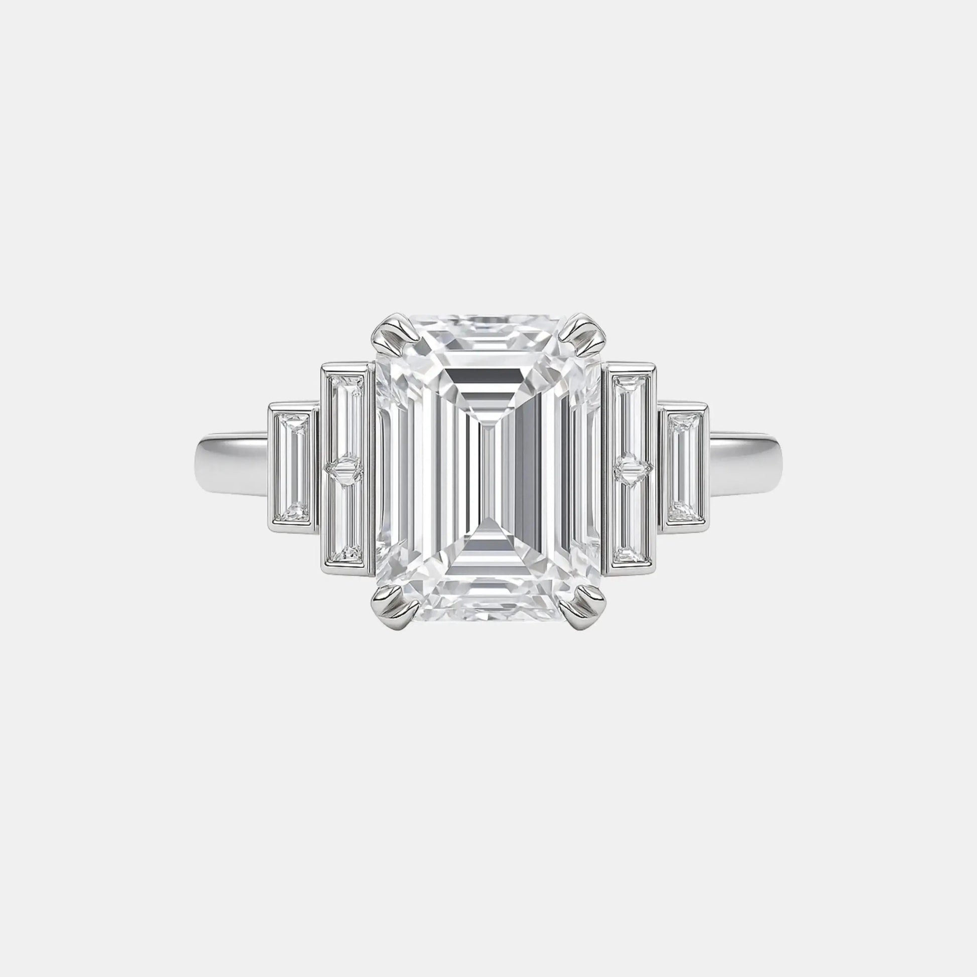 ASHIRA- 5.50CT Bezel Set 7-Stone Lab Diamond Ring with Emerald Centre Stone & Baguette Side Stones AG & CO Jewellery