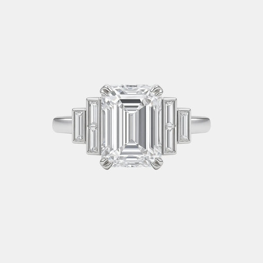ASHIRA- 5.50CT Bezel Set 7-Stone Lab Diamond Ring with Emerald Centre Stone & Baguette Side Stones AG & CO Jewellery