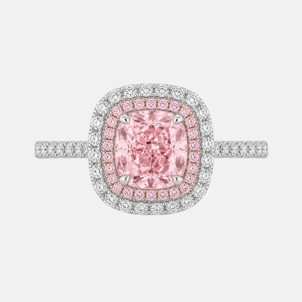 magnolia pink diamond cushion double halo ring ag & co jewellery