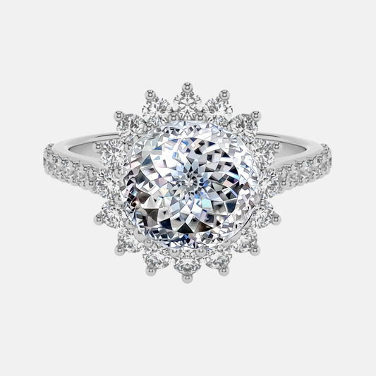 Portuguese Cut Diamond Floral Cluster Halo Engagement Ring AG & CO Jewellery