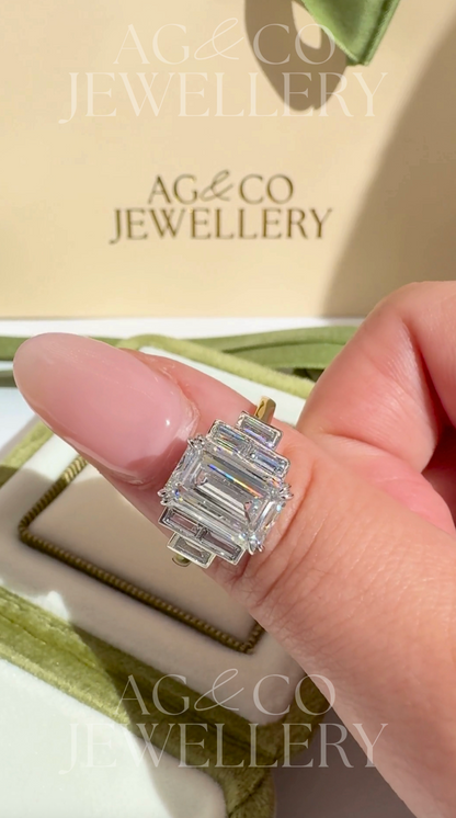 Ashira - 5.50CT Bezel Set 7-Stone Lab Diamond Ring with Emerald Centre Stone & Baguette Side Stones AG & CO Jewellery